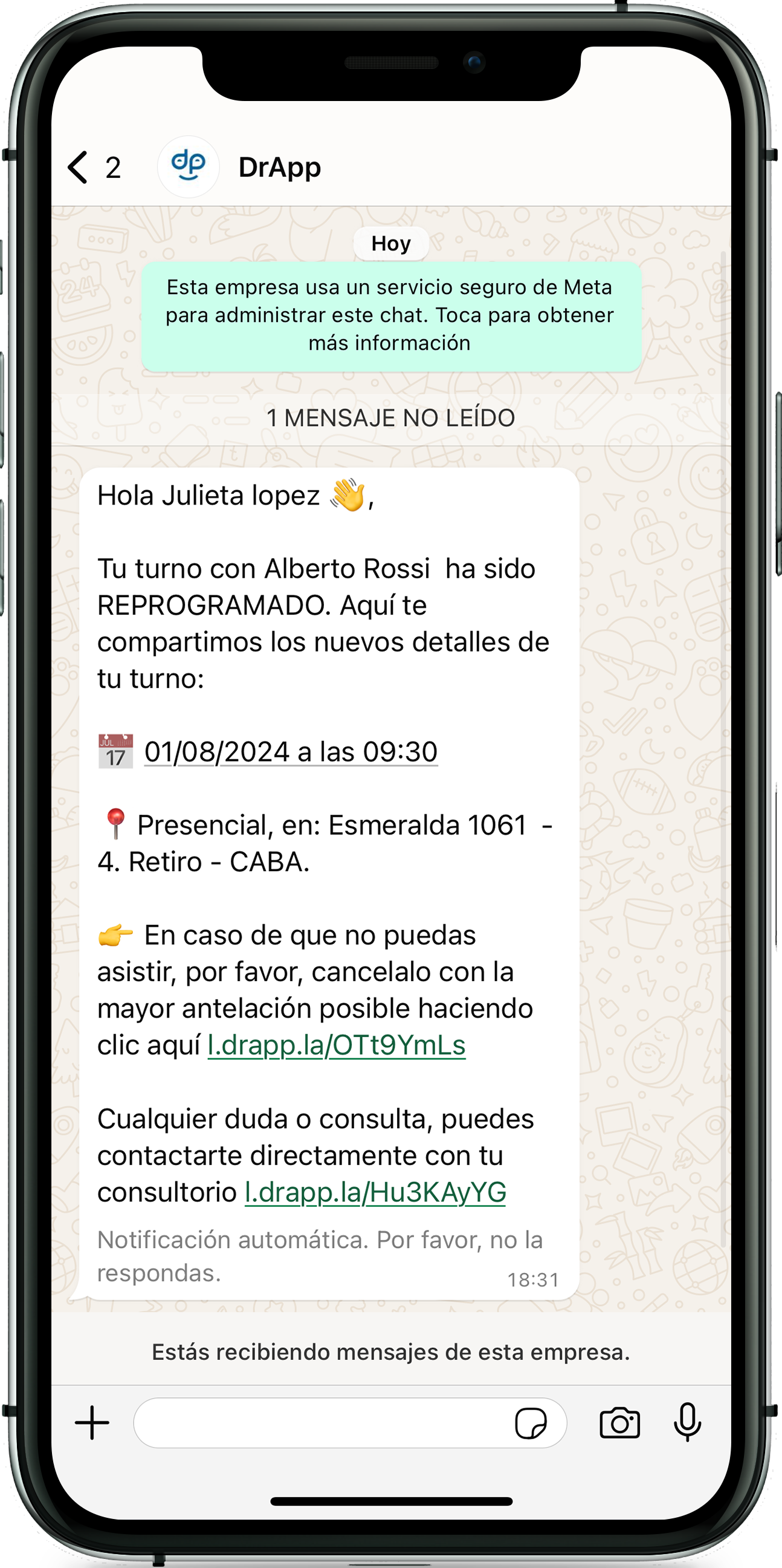 Notificación de WhatsApp con reprogramación de turno en DrApp, mostrando detalles de la cita presencial en Buenos Aires y enlace para cancelación.